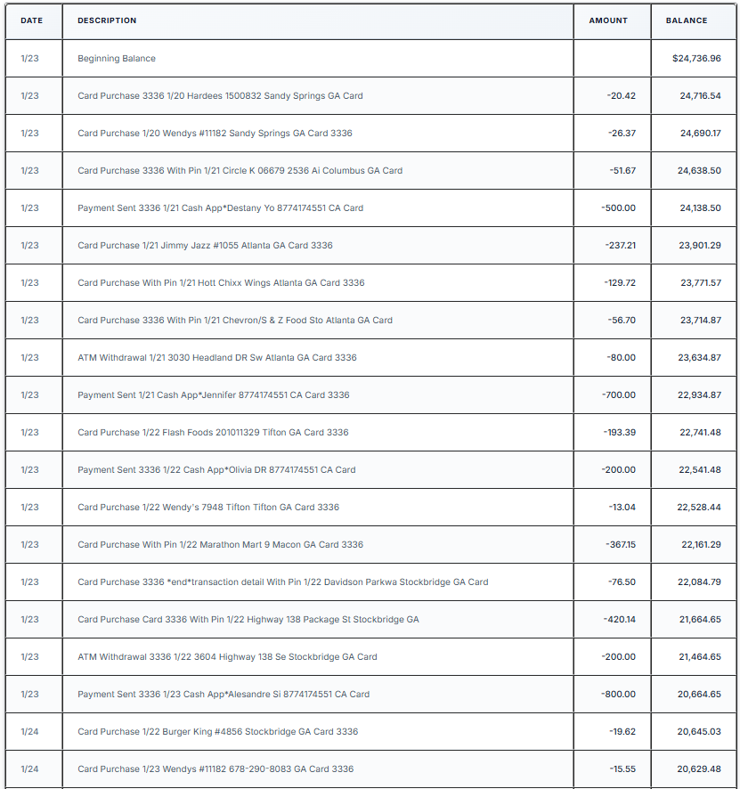 Bank statement data in a CSV table viewable in Excel after PDF to CSV conversion.